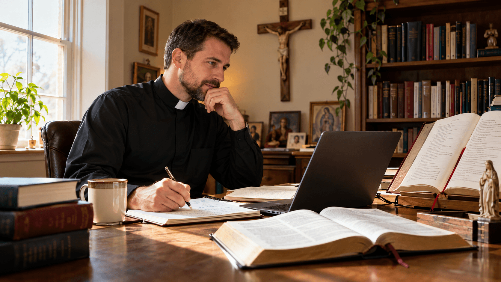 A priest at his desk preparing a homily — open Bibles, handwritten notes, and a laptop side by side