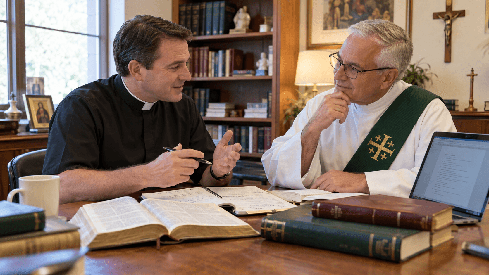Two priests preparing the Sunday homily together over open Scriptures, handwritten notes, and a laptop