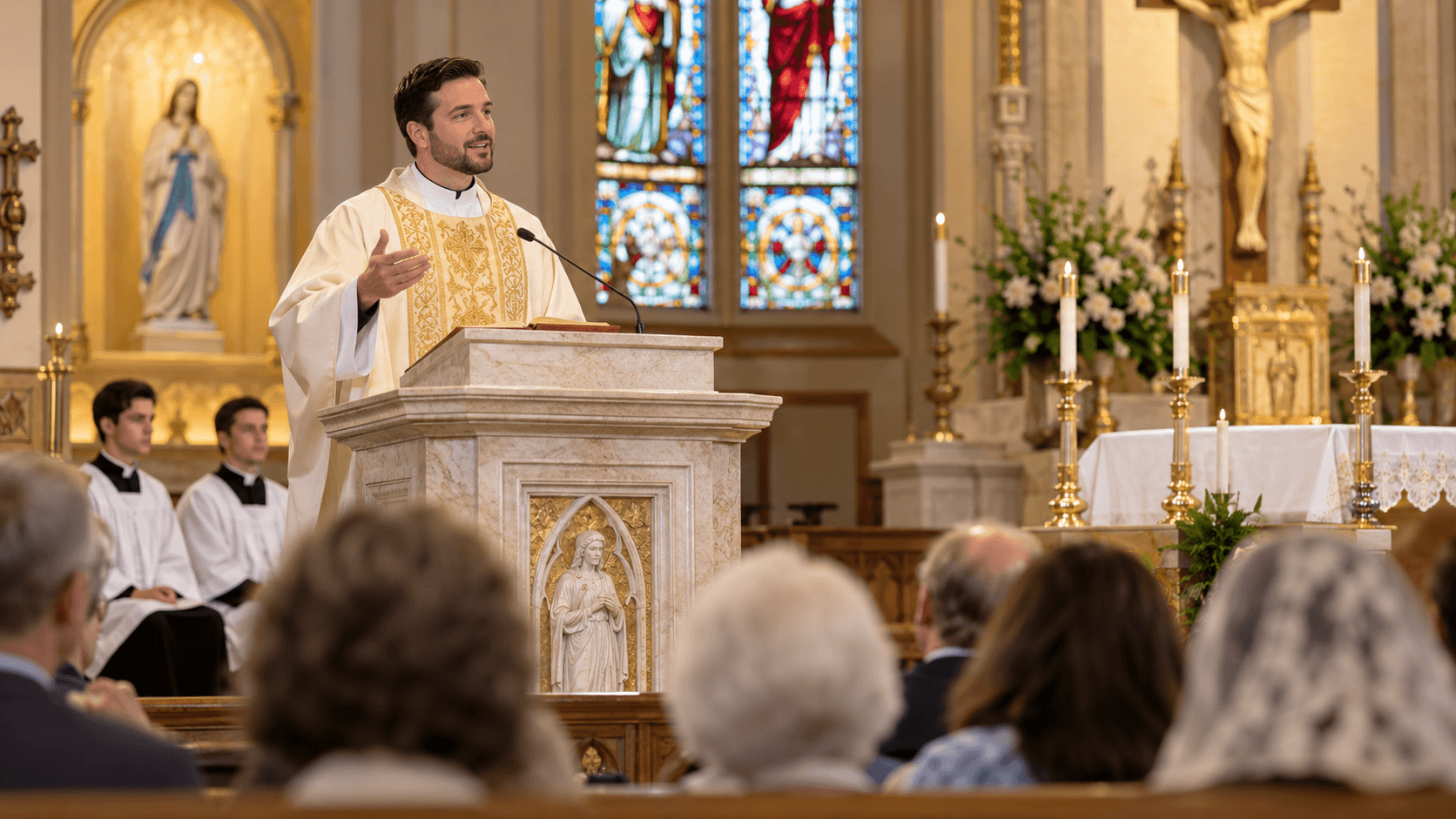 A priest preaching from the ambo during Mass, with servers and the sanctuary behind him