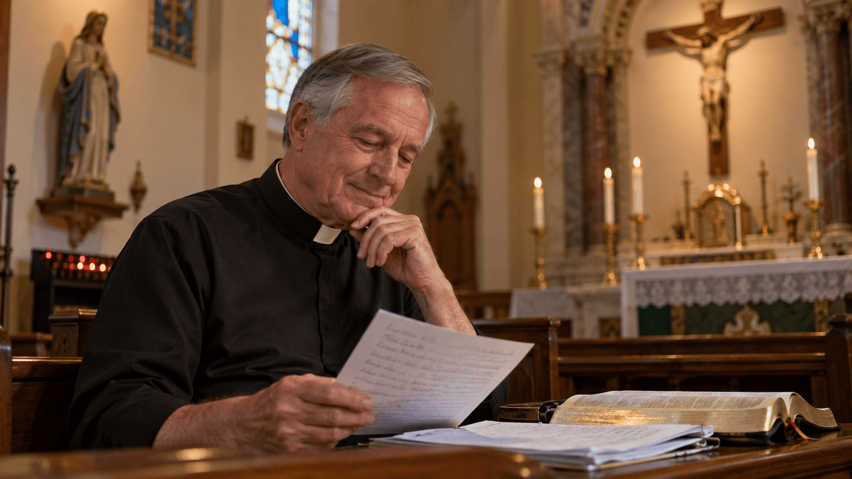 A priest reviewing his homily draft in the church before Mass, an open Bible beside him